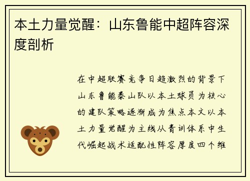 本土力量觉醒：山东鲁能中超阵容深度剖析