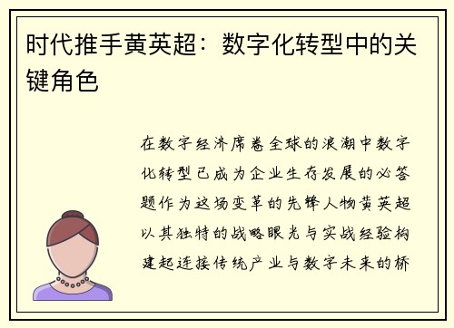 时代推手黄英超：数字化转型中的关键角色