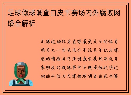 足球假球调查白皮书赛场内外腐败网络全解析